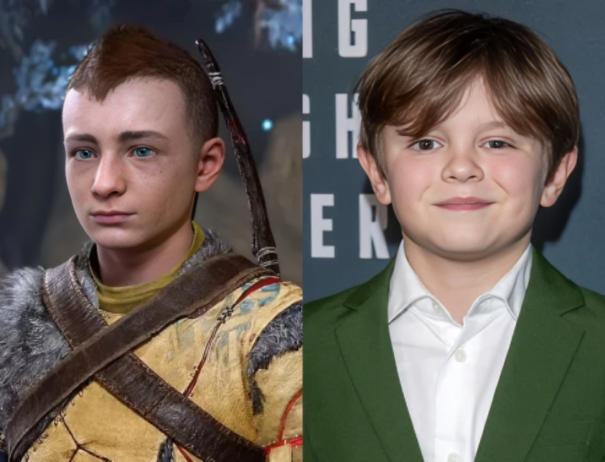 Callum Vinson, el actor elegido para interpretar a Atreus, junto a un logo de God of War y Prime Video.