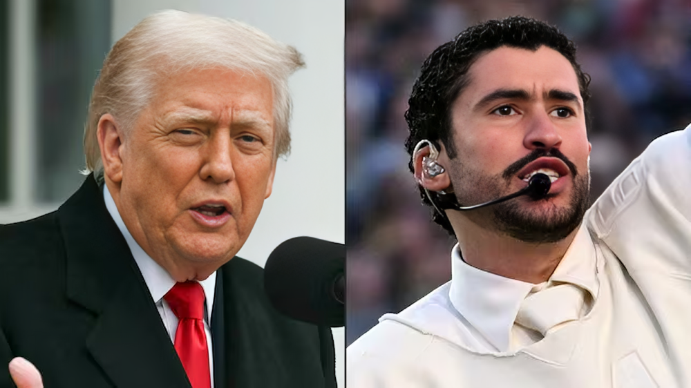 Donald Trump con expresión seria junto a una foto de Bad Bunny en el escenario del Super Bowl, representando sus críticas.