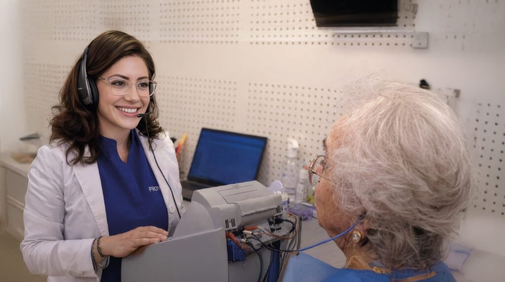 Profesionales de Proaudio realizando diagnósticos durante las jornadas de salud auditiva en Ecuador en 2026.