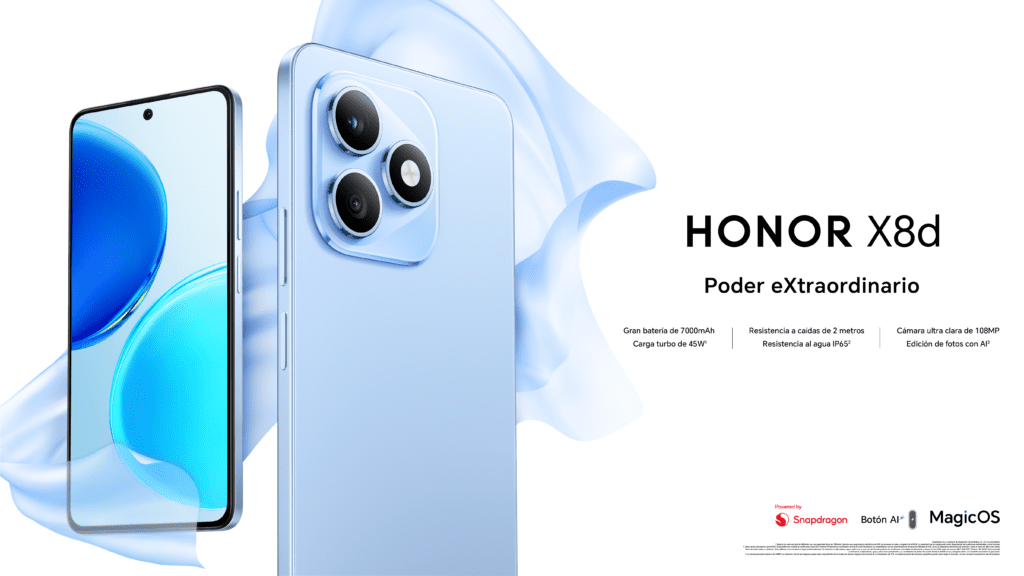 Nuevo smartphone HONOR X8d con IA mostrando su diseño ultra delgado y pantalla OLED vibrante.