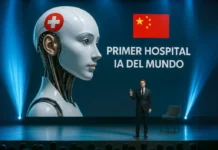 Primer hospital de IA en China, revoluciona la salud epresentación visual de un hospital moderno con elementos de inteligencia artificial integrados, mostrando tecnología avanzada y atención al paciente