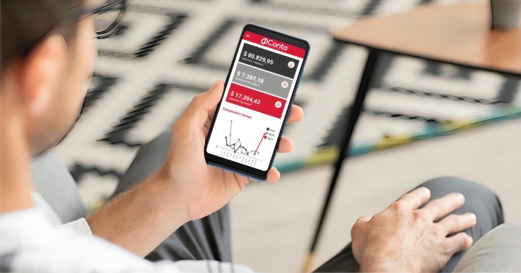 Pantalla de la aplicación móvil iConta ERP mostrando facturación electrónica en tiempo real