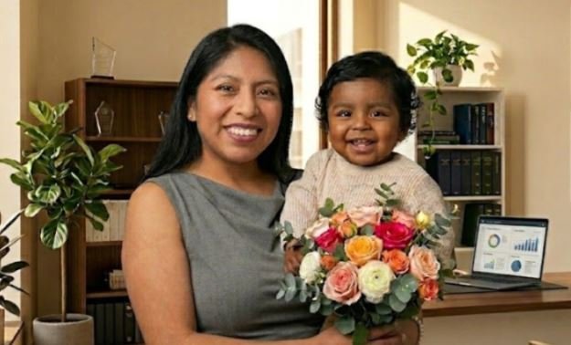María Fernanda Condemayta, migrante ecuatoriana que trabaja en Bloomberg, con su hijo en Nueva Jersey