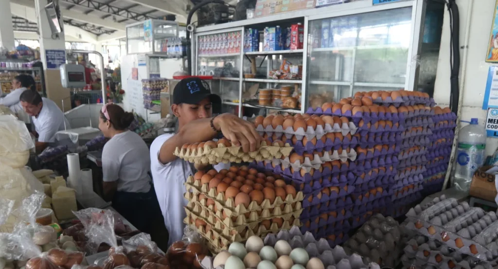 Cubeta de huevos con etiqueta de precio y panes especiales, reflejando el aumento de costos en mercados de Guayaquil, Ecuador