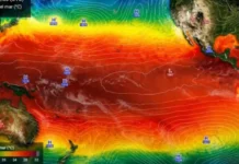 Océanos alcanzan récord de temperatura en plena intensificación de El Niño Vista de superficie marina con oleaje bajo cielo nublado, ilustración del calentamiento oceánico y El Niño