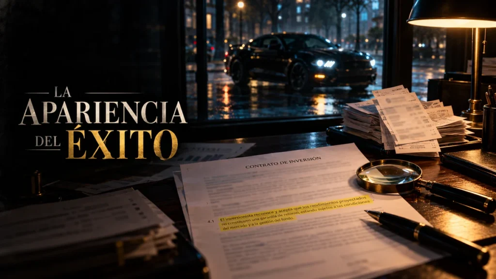 Contrato de inversión con una cláusula resaltada sobre un escritorio, con un auto de lujo al fondo tras una ventana