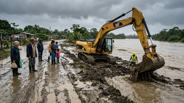 Maquinaria pesada trabajando en el río Balao tras desbordamientos en Guayas