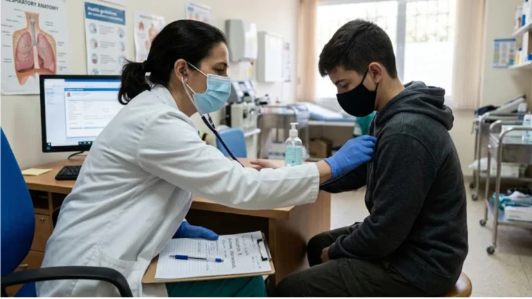 Médico atendiendo a paciente con cuadro respiratorio en consulta