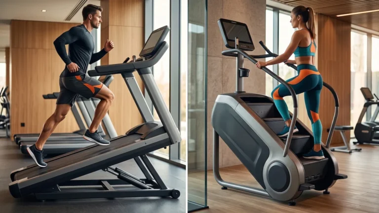 Entrenamiento en cinta inclinada y escalador en gimnasio