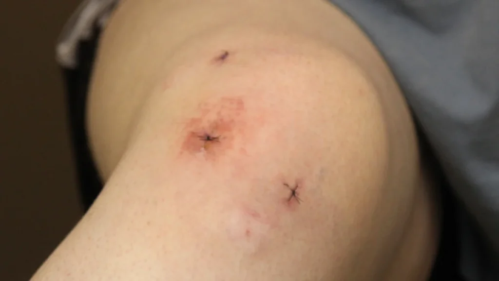 Cirujanos realizan una cirugía de artroscopia de rodilla en quirófano