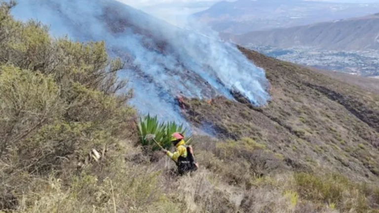 Humo denso y llamas en las faldas del cerro Casitagua al norte de Quito