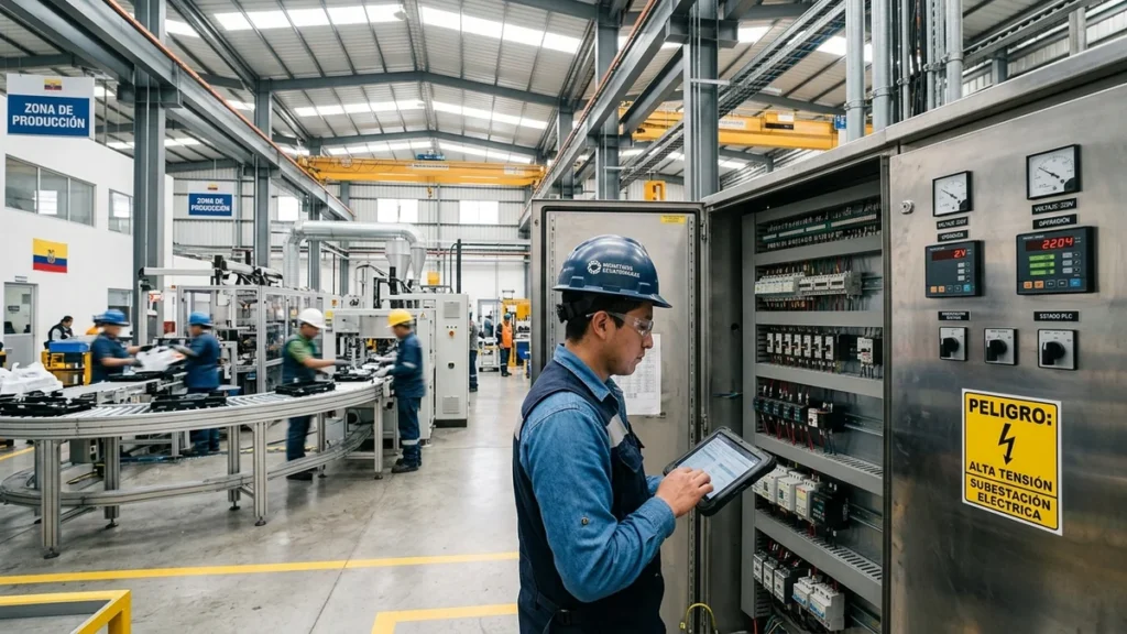 Maquinaria industrial pesada y tablero de control en planta de ensamblaje en Ecuador