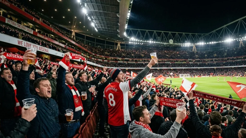 Hinchas en las tribunas de un estadio inglés disfrutando del partido