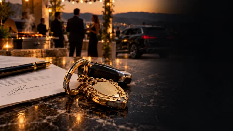 Llaves de un auto con un llavero dorado desgastado junto a un contrato firmado, con una reunión elegante y un vehículo de lujo al fondo