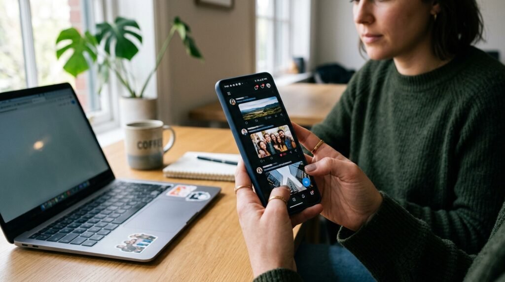 Persona utilizando un teléfono inteligente con aplicaciones de redes sociales de Meta en una oficina