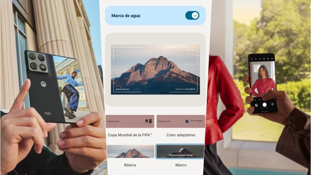 Smartphone Motorola mostrando una fotografía con marca de agua personalizada