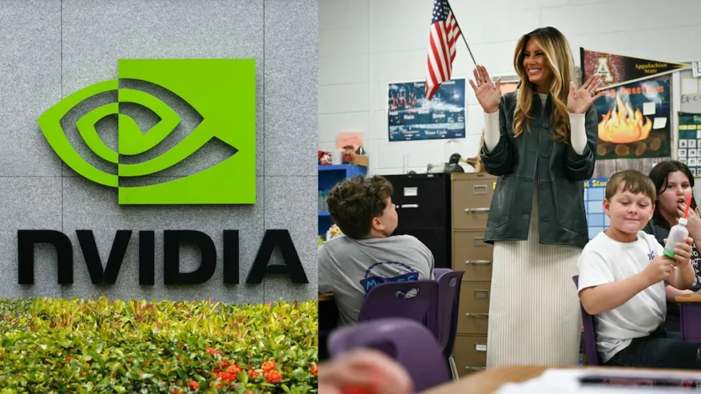 El logotipo de Nvidia y Melania Trump en un aula escolar frente a varios niños