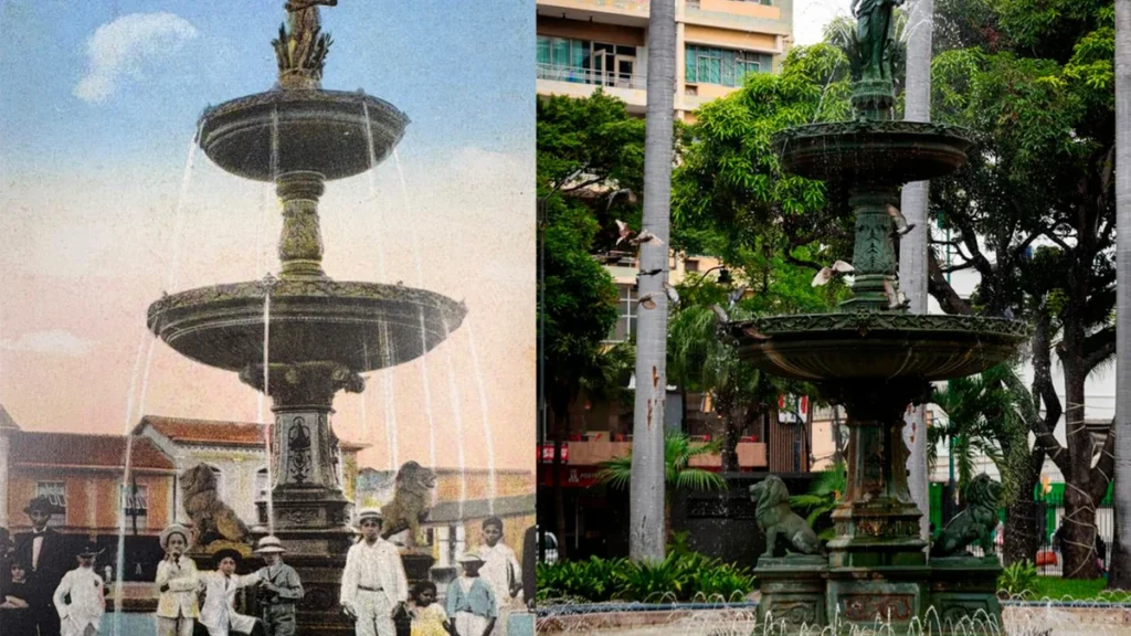 Escultura central y arboles frondosos en el Parque Centenario de Guayaquil