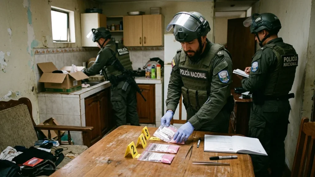 Agentes policiales durante el allanamiento a centro de acopio de Los Lobos en Quito