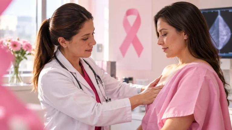 Médica especialista explicando la importancia de la mamografía preventiva