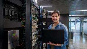 Profesionales trabajando con herramientas de inteligencia artificial en una oficina
