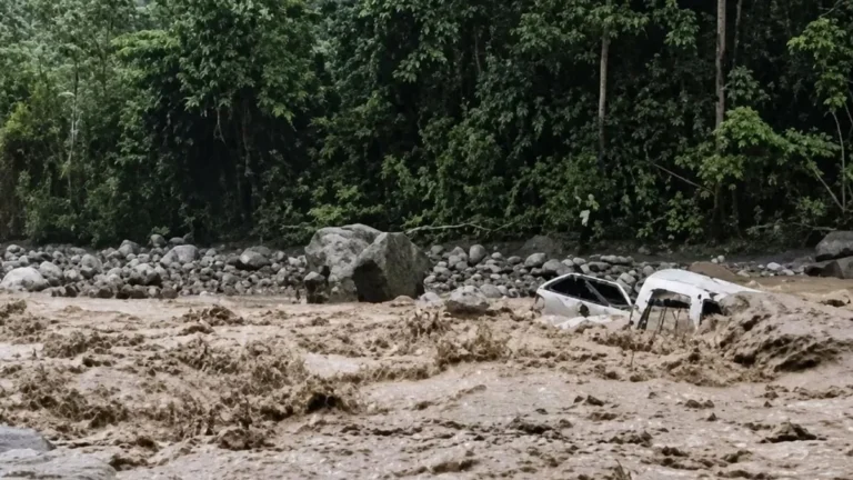Río Bulubulu con fuerte corriente y equipos de rescate en la orilla