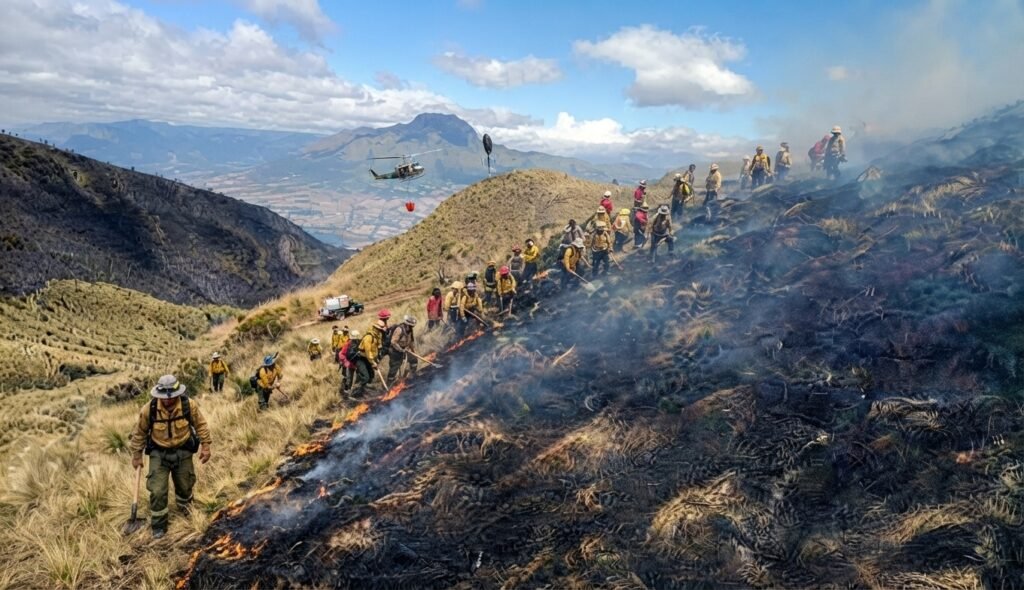Bomberos combatiendo incendio forestal en cerro Cotacachi