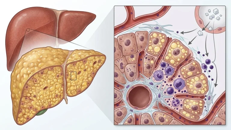 Ilustración médica de un hígado afectado por esteatosis y consumo de sodio