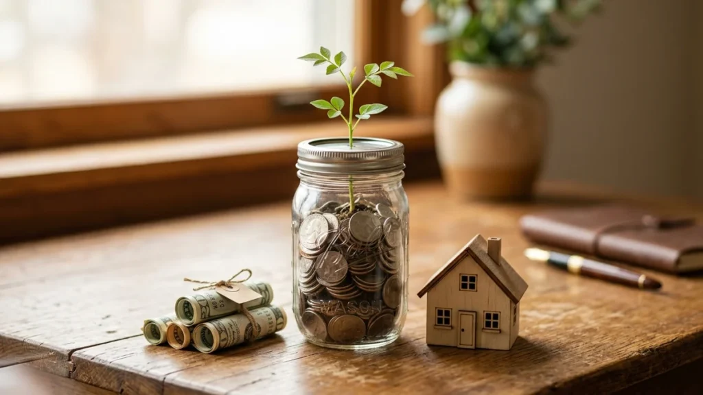 Concepto de ahorro financiero con frasco de monedas y planta