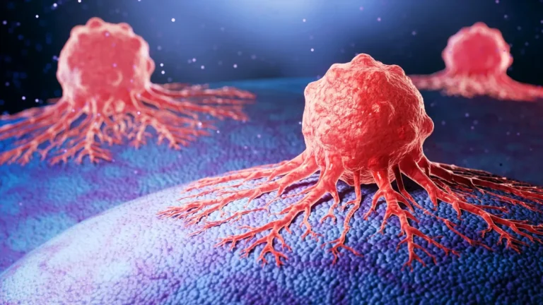 Micrografía médica que muestra células tumorales proliferando sobre tejido orgánico