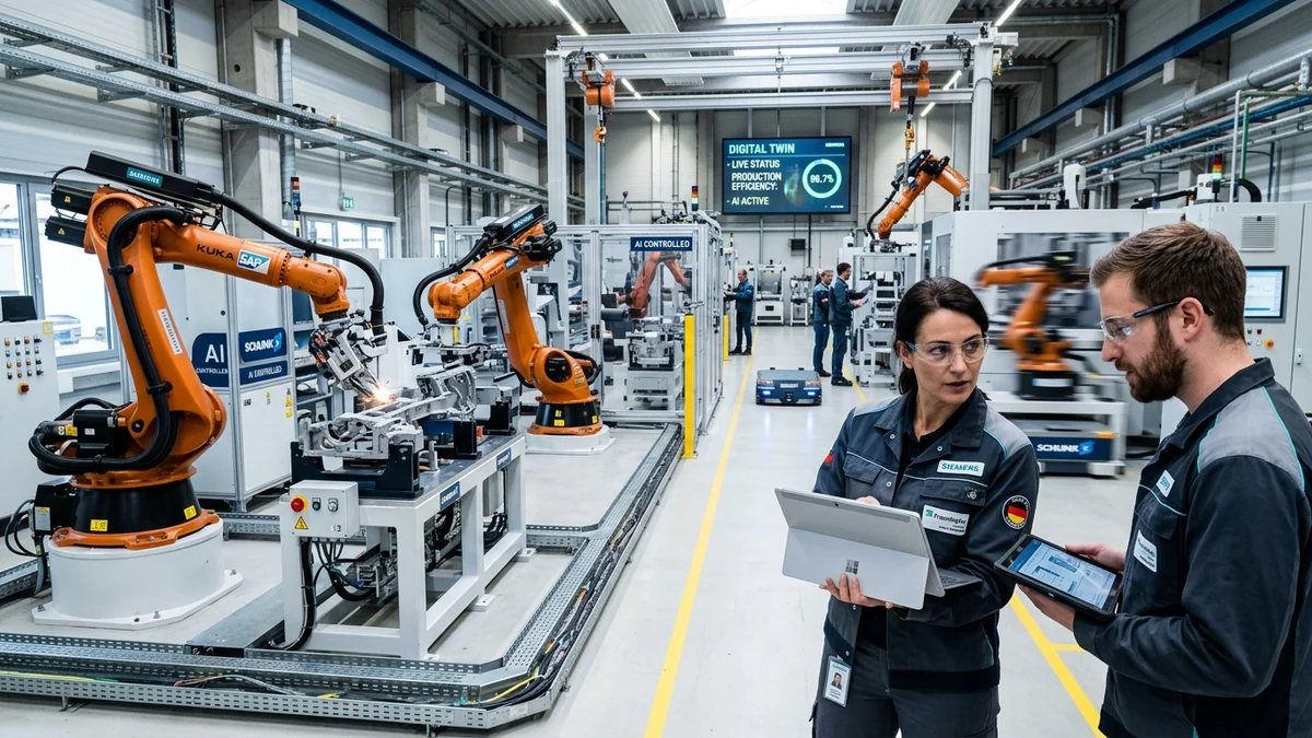 Fábrica industrial moderna alemana con brazos robóticos e inteligencia artificial