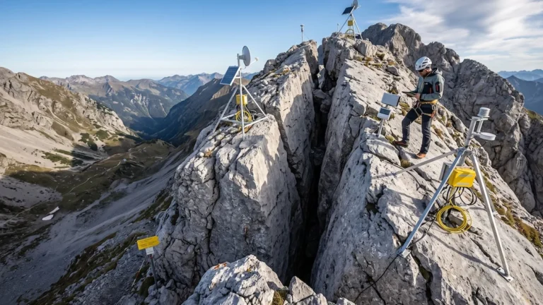 Grieta geológica visible en la cumbre rocosa del monte Hochvogel en los Alpes