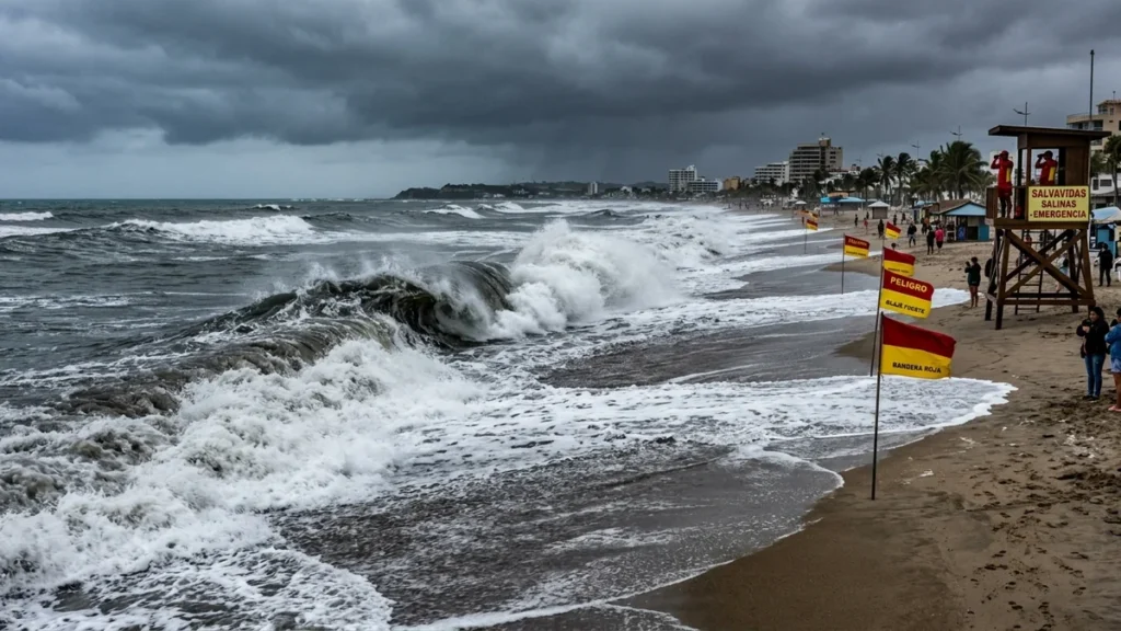 Fuerte oleaje en playas de Ecuador con banderas de advertencia durante el feriado