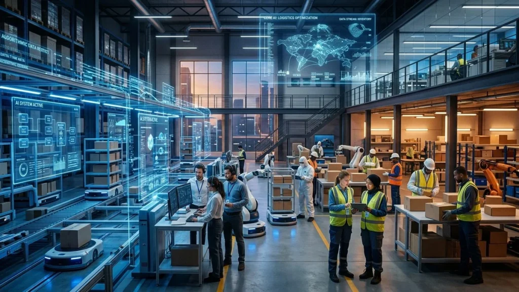 Entorno logístico automatizado con inteligencia artificial y trabajadores