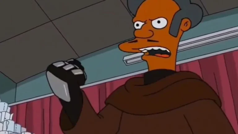 Ilustración artística del personaje Apu Nahasapeemapetilon en la tienda Kwik-E-Mart de Los Simpson