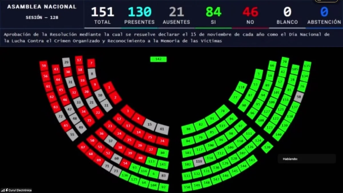 Sesión plenaria de la Asamblea Nacional de Ecuador durante la votación de la resolución