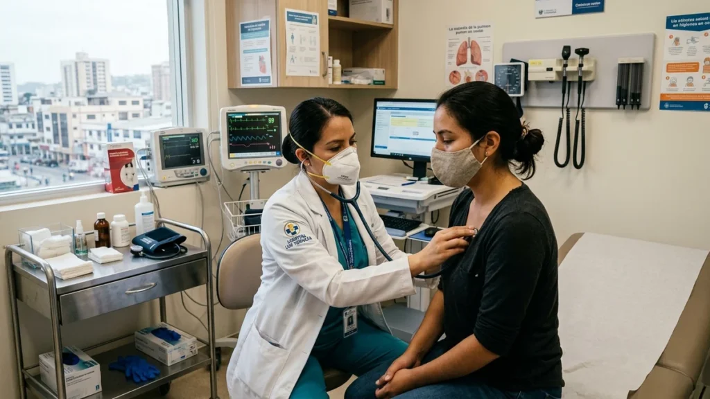 Personal médico evaluando a paciente con síntomas febriles y respiratorios en clínica