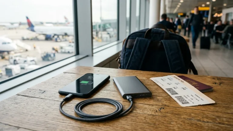 Smartphone cargando con batería externa delgada sobre mesa de aeropuerto