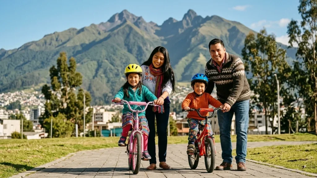 Familia ecuatoriana disfruta pasear en bicicleta para ninos en un parque