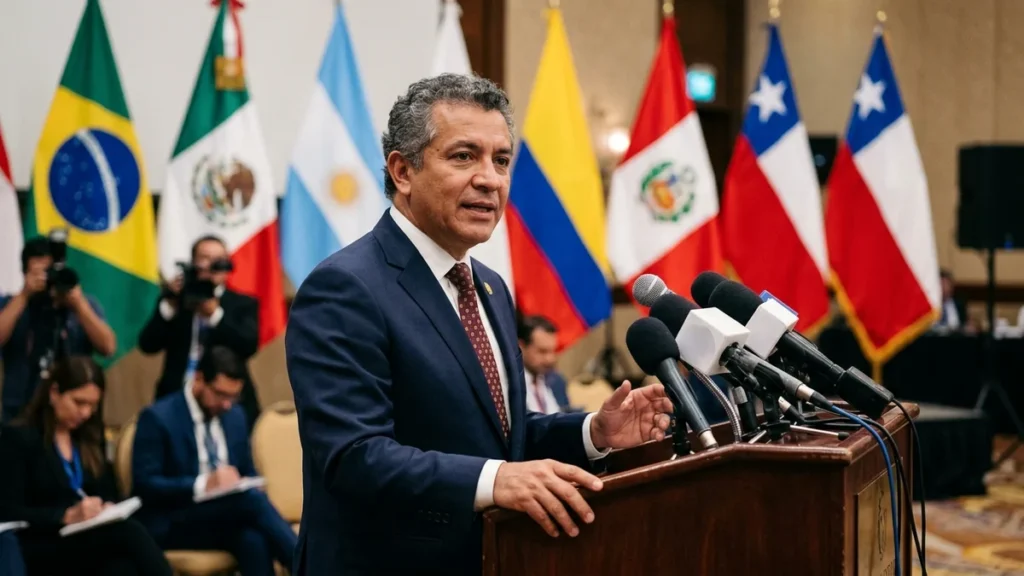 Canciller diplomático en podio oficial de conferencias con micrófonos y banderas