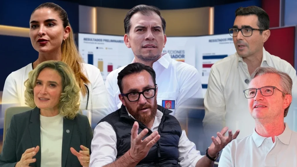 Candidatos políticos ecuatorianos y gráficos de encuestas en estudio televisivo