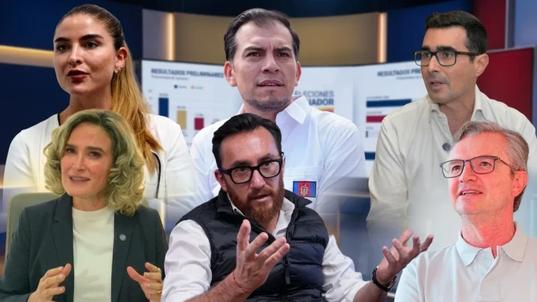 Candidatos políticos ecuatorianos y gráficos de encuestas en estudio televisivo