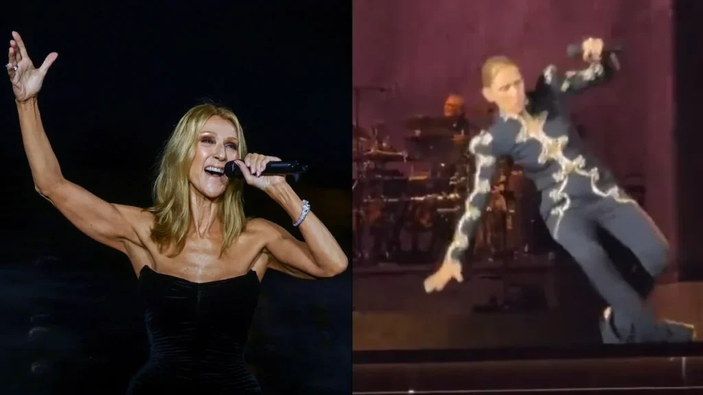Céline Dion cantando con energía en un concierto en Francia