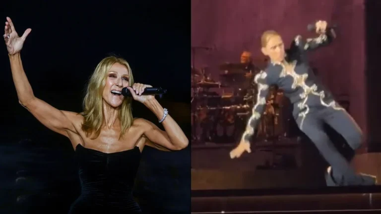 Céline Dion cantando con energía en un concierto en Francia