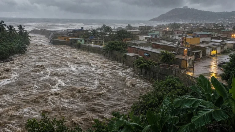 Río con caudal desbordado en zonas agrícolas de América Latina durante lluvias intensas