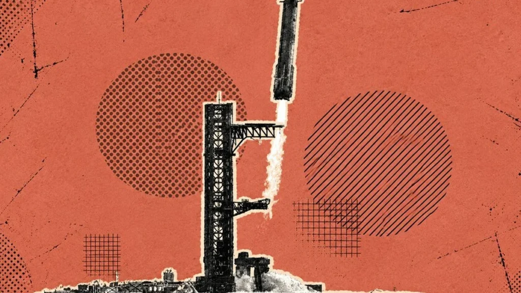 Torre de lanzamiento espacial con brazos mecánicos de captura para cohetes