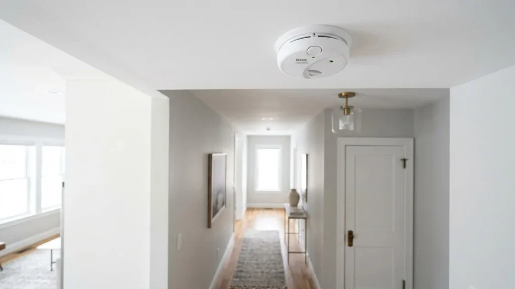 Detector de humo inteligente instalado en el techo de una vivienda moderna