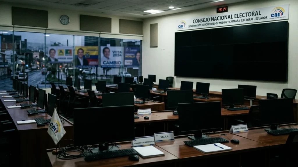 Sala de monitoreo de medios del CNE con pantallas apagadas en Quito.