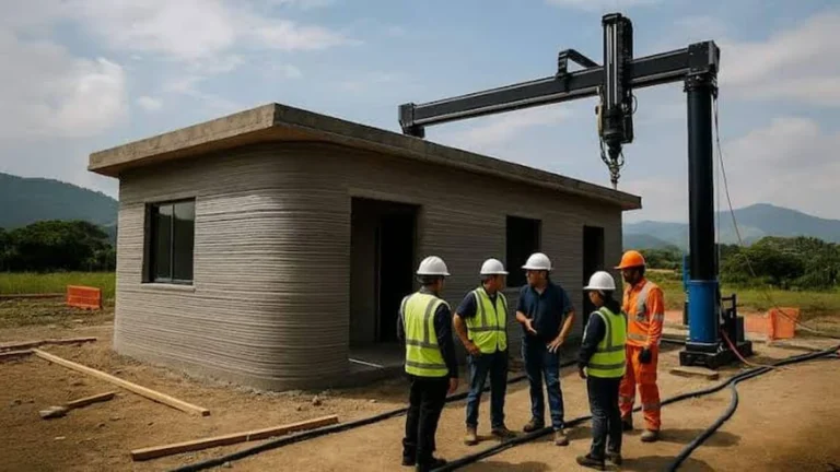Obreros y maquinaria en proyecto de construcción de viviendas