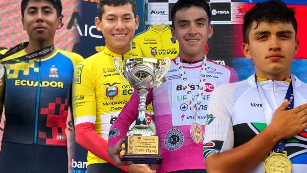 Jóvenes ciclistas ecuatorianos celebrando en el podio tras una competencia internacional